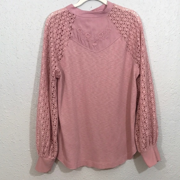Free People Sweetest Thing Embroidered Thermal Top Blouse Bliss Blush Pink Large - Picture 7 of 14